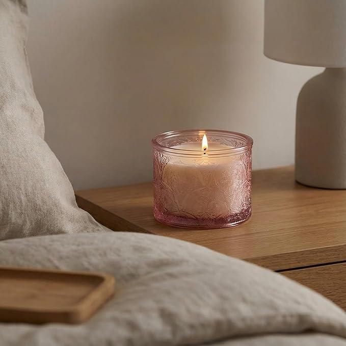 10 oz Embossed Glass Candle Container with Bamboo Lids and Labels,Pink Candle Jars for Making Candles,Mandala Design - Pack of 9