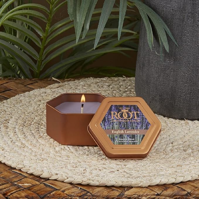Root Candles Scented Candles in Travel Tin 24-Hour Honeycomb Traveler Handcrafted Beeswax Blend Candle, 4-Ounce, English Lavender