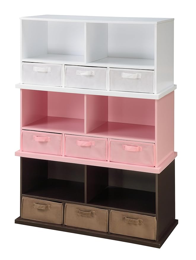 Badger Basket Stackable Toy Storage Organizer - 5-Shelf Modular Unit with 3 Removable Fabric Bins, Solid Panel Construction, Expandable Design for Toys and Crafts - Pink