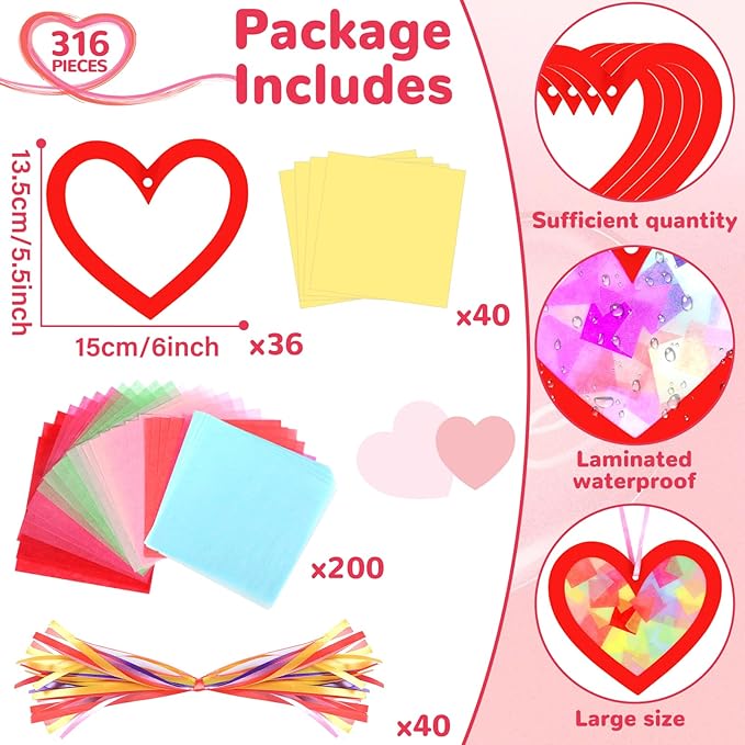 Qyeahkj 36 Set Valentine's Day Suncatchers Craft for Kids DIY Heart Window Tissue Paper Crafts Kit Red Heart Hanging Decor for Valentine School School Home Activity Art Project Party Favor Gift