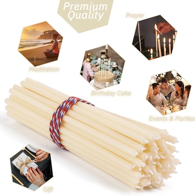 Pure Beeswax Candles, 6.3" Decorative Thin Taper Candles,Honey Scented, Dripless, Smokeless, 30min Burn Time for Birthday, Dinner, Prayer, Church, Hanukkah, Christmas (White, 100 pcs)