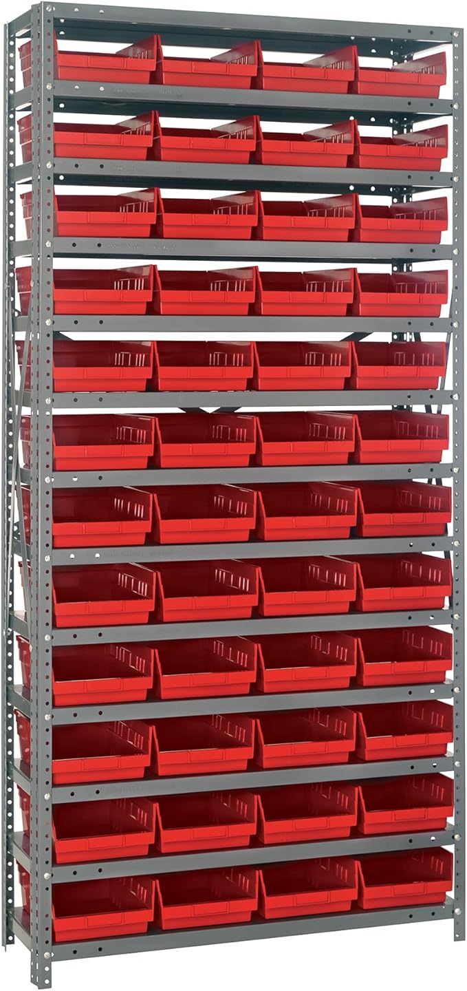 Quantum Storage Systems 1275-107RD Steel Shelving Unit with 4" Shelf Bins, 12" D x 36" W x 75" H, Red