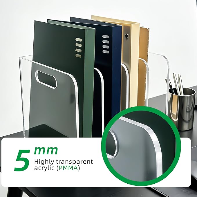 Acrylic Magazine File Holder, 4 Vertical Compartments Desk Document Sorter Organizer, Clear Folder Rack Binder for Office/Documents/Classroom, for Home, Tablet, Magazines, Books & Accessories