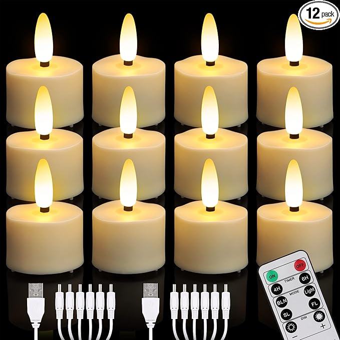Daord USB Rechargeable 3D Wicks Tealights Candle Flameless Flickering Battery Operated with Remote Control & Timer Realistic Led Tea Lights for Halloween Christmas Home Decor (12 PCS,Rechargeable)