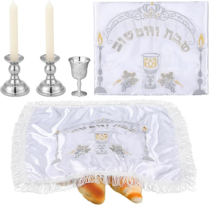 Modern Shabbat Havdalah Set White Satin Challah Cover Silver Candle Holders Silver Wine Cup White Taper Candles for Shabbat, Holiday and Havdalah Gifts