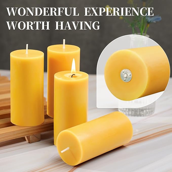 Beeswax Pillar Candles 4 Packs,100% Bees Wax Candles for Home-140 Hours Long Burning for Emergency, Natural Beeswax Candle Bulk for Relax, Pure,Smokeless & Dripless