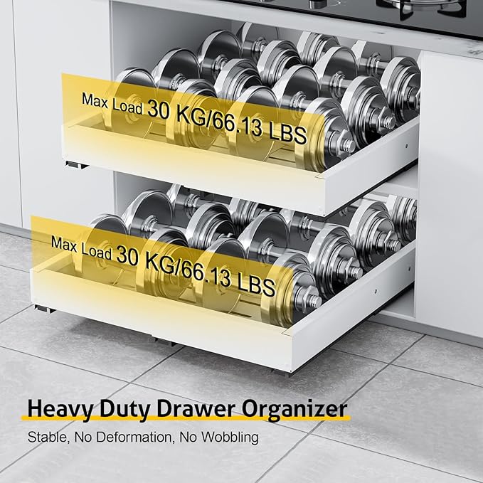 2 Pack Pull Out Cabinet Organizer, Expandable Width (11.4"-18.9") Depth (16.3"-21.7") Pull out Drawers for Cabinets with 3 Rails, No Drill Adhesive Film or Nail Slide out Drawers for Kitchen, Pantry
