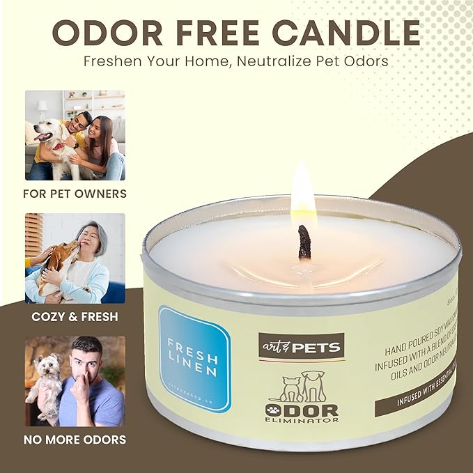 Dog Odor Eliminators for Home Long-Lasting 72-Hour, Burn Natural Soy Wax with Refreshing Scent, Cat Odor Eliminator Scented Candle to Remove Pet Smells (Fresh Linen)