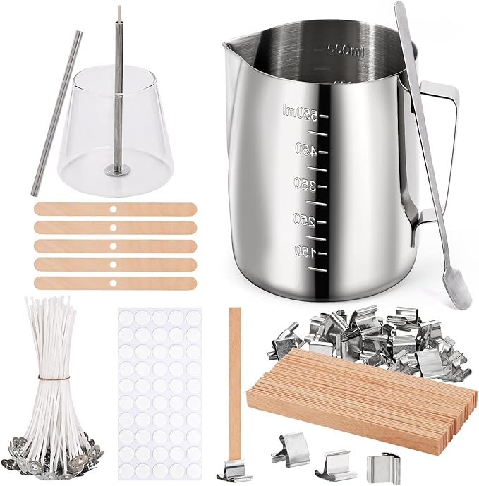 Blingfun Candle Making Pouring Pot, Stainless Steel Wax Melting Pot with Candle Wicks, Wick Stickers & Holder for Scented Candle Making and Wax Crafts