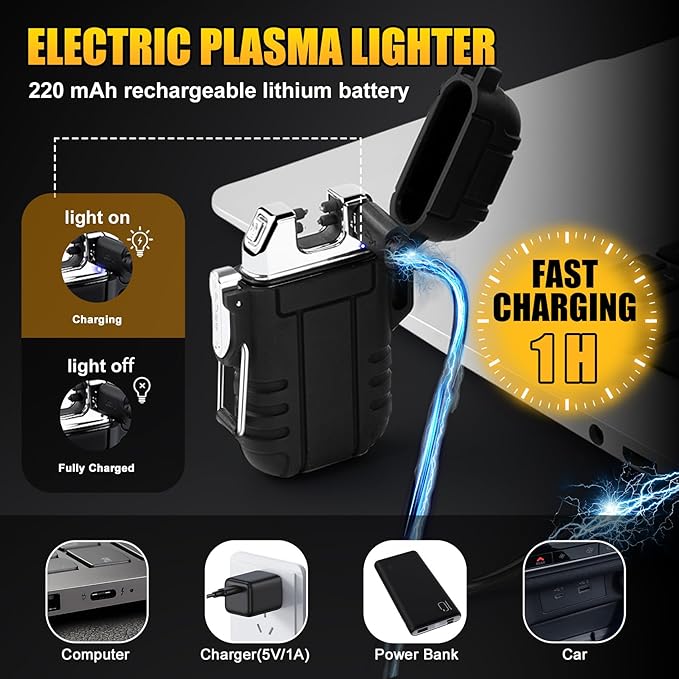 LcFun Electric Lighter Windproof Dual Arc USB Rechargeable Flameless Plasma Lighters Waterproof Matches for Camping Hiking Survival Tactical Gear Birthday Gifts for Men Husband
