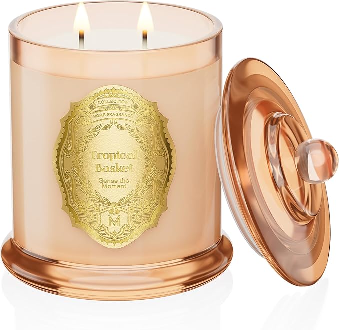 M&SENSE Tropical Basket Candles for Home Scented, 2 Wick 12.7oz Soy Wax Candles Non Toxic,70 Hours Long Burning,Christmas Candles Gift for Stress Relief, Meditation, Yoga