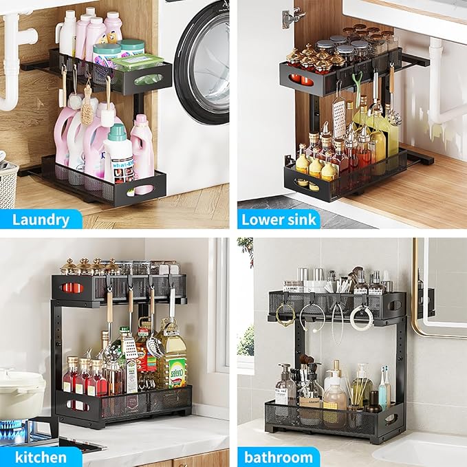 2 Pack Under Sink Organizer and Storage, 2 Tier Pull Out Sliding Cabinet Shelf, 5-Level Height Adjustable Thickened Carbon Steel Storage Rack for Kitchen Bathroom Cabinet, Black