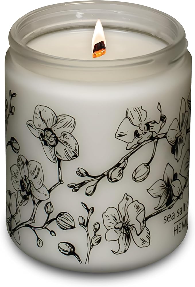 Hemlock Park Frosted Glass Wood Wick Candle Handcrafted with Natural Coconut Wax (Standard 8 oz, Sea Salt Orchid)