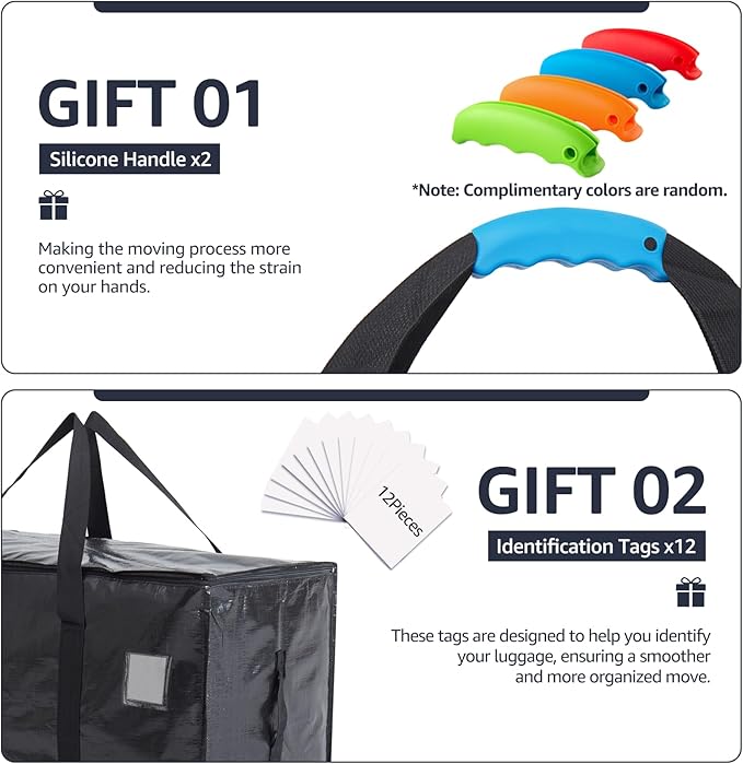 Moving Bags Heavy Duty Extra Large, Moving Boxes, Moving Supplies Essentials, Blue Storage Bins with Lids, Plastic Packing Totes, Storage Bags for Clothes with Handles & Zippers(Black, 12 Pack)