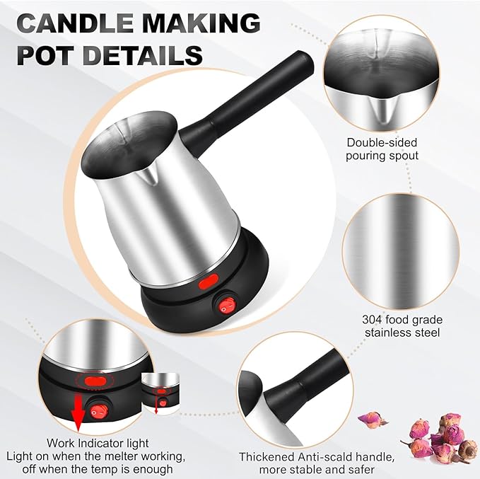 POLYHNIA Candle Making Kit with Wax Melter,Electric Candle Wax Melter for Candle Making, Stainless Steel Wax Melting Pot, 52IN Power Cord,Candle Making Supplies (New Model)