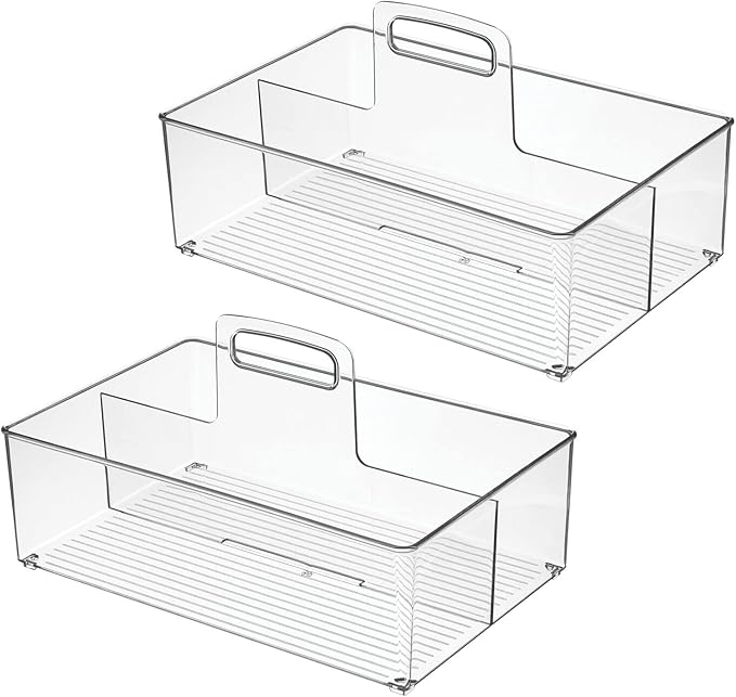 mDesign Large Plastic Divided Portable Storage Organizer Caddy Tote Basket Bin with Handle for Kitchen, Pantry, Countertop, Cabinet, Cupboard - Ligne Collection - 2 Pack - Clear