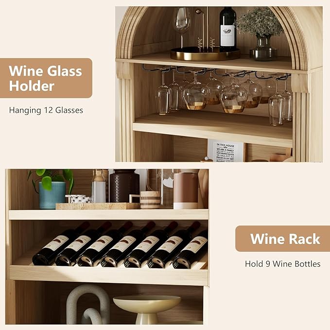 Vlsrka 71" Tall Arched Kitchen Pantry Cabinets, Wood Kitchen Storage Cabinets/Arched Bookshelf/Bookcase,China Cabinet with Open & Adjustable Shelves, Induction LED Light (Brown A)