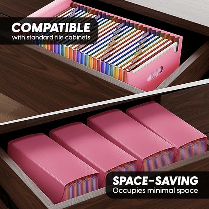Accordion File Organizer, 26 Pockets Expanding Accordion Folder, A4 Letter Size Filing Organizer with Colorful Tabs, Elastic Cord, 60 Paper Clips, Labels & Stickers for Office (Pink)