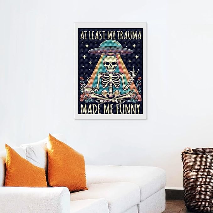 KIVJMSIDJA 5D Diamond Painting Kit for Skull Skeleton “At Least My Trauma Made Me Funny” Adults Full Drill Round Rhinestone Art Craft DIY Home Wall Decor 12"x16"