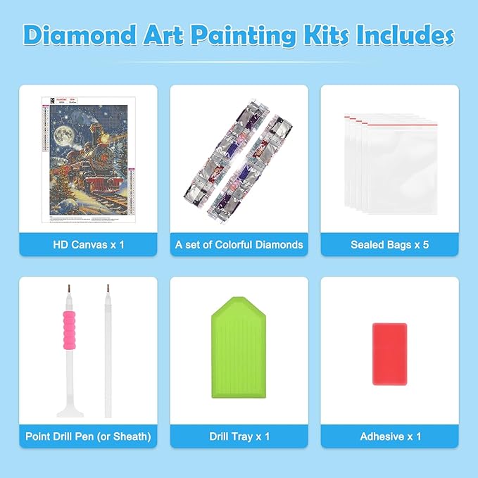 MOGTAA Christmas Diamond Art Kits for Adults, 5D Full Drill Christmas Train Diamond Painting Kits for Adults Beginner, DIY Round Diamond Dots for Adults, Gem Art for Home Wall Decor 12 X 16 Inch