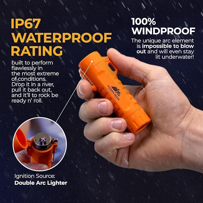 MODERN NEEDS EverGlow Tactical Lighter – USB-Rechargeable Plasma Arc | Windproof & Waterproof Flameless Design with LED Flashlight | Compact Survival EDC Tool for Camping & Prepper Kits