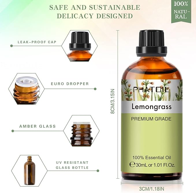 Lemongrass Essential Oil 1.01fl.oz/30ml, PHATOIL Lemongrass Oils Long Lasting Scents for Aromatherapy, Diffuser, DIY Soap and Candle Making