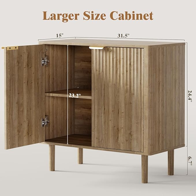 IKALIFE Sideboard Buffet Cabinet with Storage, Modern Fluted Accent Credenza with Doors & Adjustable Shelves, Wood Coffee Bar Console Table for Living Room, Dining Room, Kitchen or Entryway 31.5" Oak
