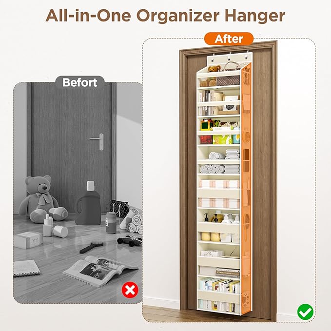 Mefirt Over The Door Organizer, 8 Shelf Door Hanging Organizers with 8 Large Capacity Pockets, Back of Door Organizer Storage Hanging Shelves for Closet Bathroom Bedroom Nursery
