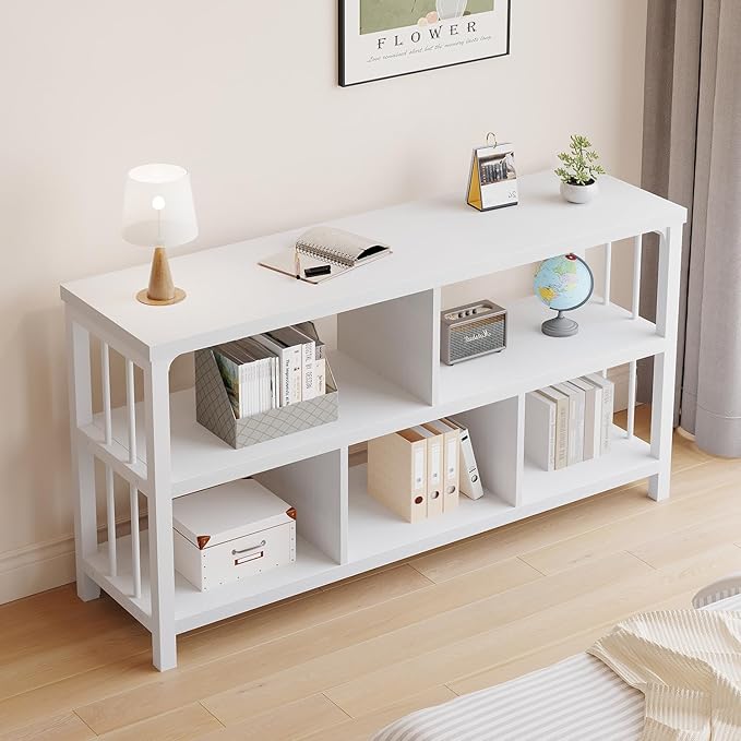 IBF White Wood Bookshelf, Industrial Horizontal Cubby Book Shelf, Low Open Shelf Bookcase for Office Living Room, Modern Short Wide 5 Cube Storage Organizer for Books Display Bedroom, White Oak, 47 In