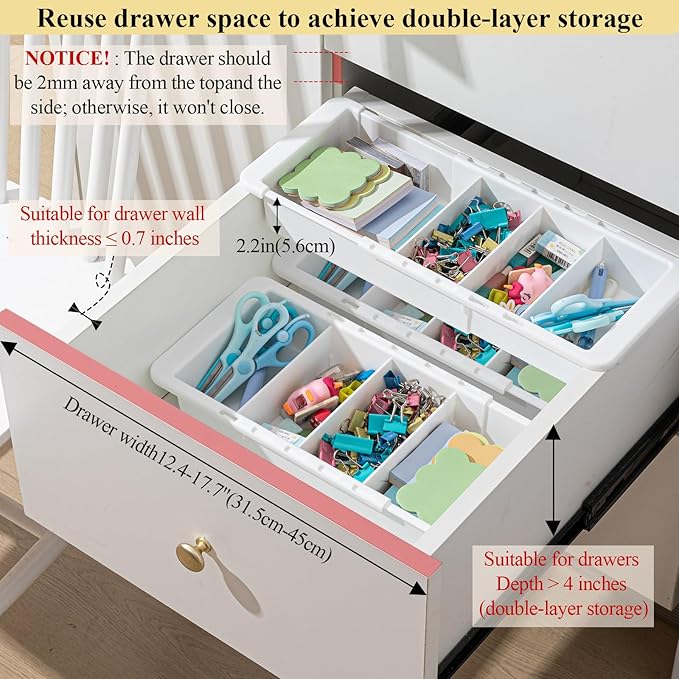 5 Pcs Expandable Drawer Organizer Bins Adjustable Deep Drawer Hanging Organizer Tray Expandable 11.4 to 18.1 Inches Plastic Dividers Storage for Office Bathroom Bedroom Kitchen Desk, White