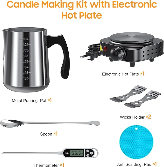 Ohcans Candle Making Kit with Electronic Hot Plate, Candle Making Kit for Adults, DIY Starter Candle Making Supplies, with 900ml Candle Make Pouring Pot, Stirring Spoon, Wicks Holder, Thermometers