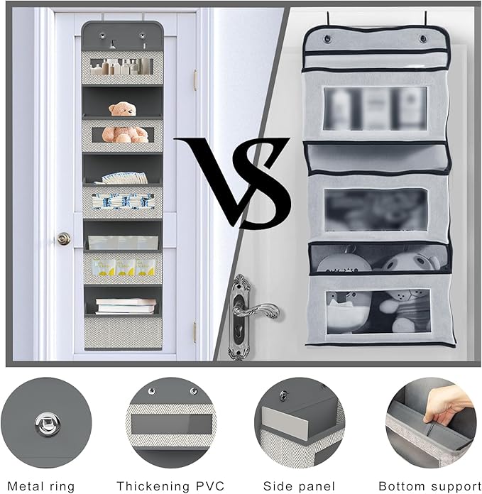 Over The Door Hanging Organizer with 5 Big Pockets, Wall Mount Fabric Back of Door Storage Organizer with Clear Window & Metal Hooks for Pantry Closet Diaper Dorm Nursery Bedroom