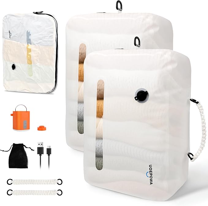 Travel Vacuum Bags with Pump – 33L Vacuum Seal Bags for Clothing, IPX8 Waterproof Vacuum Storage Bags with Handle for Luggage, Backpack, Suitcase, Home & Outdoor 2pack White