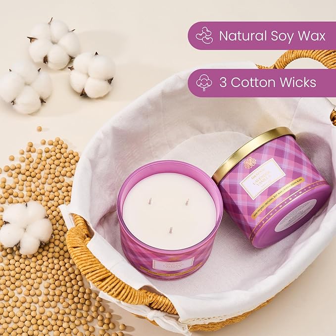 M&SENSE Plaid Pattern 3 Wick Soy Candles,11.64 oz Large Lavender Vanilla Scent Candle for Relaxation, Gifting, Home Décor | for Bedroom, Office, Party