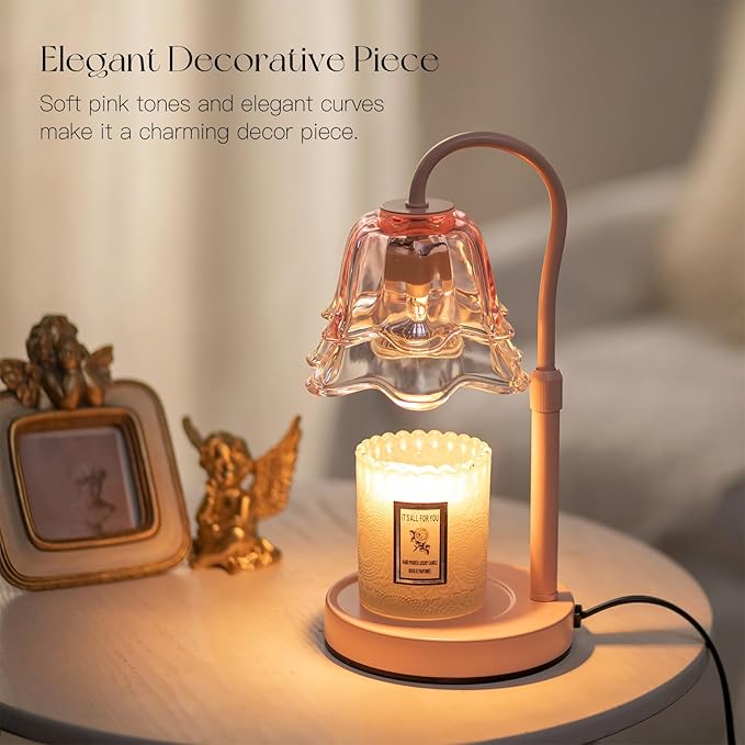 Candeldo Candle Warmer Lamp with Timer: Pink Flower Candle Warming Lamp with 2 Bulbs Height Adjustable Wax Warmer Dimmable Coquette Preppy Room Home Decor Mothers Day Gift for Women