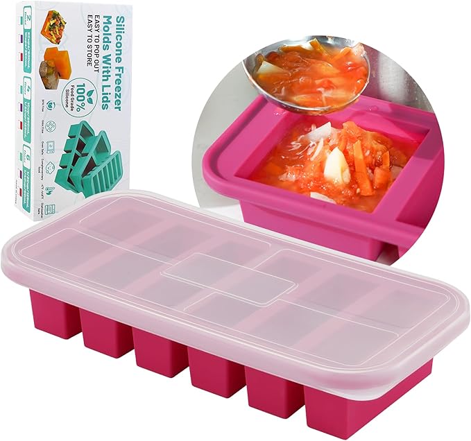 SHIKORI Silicone Freezer Trays with Lid,6-cup Soup Freezer Container large Ice Cube Molds with Reinforced Steel Ring Top for freezing Soup Sauce Broth Leftovers oven Dishwasher-Safe (Cranberry-6 Cup)