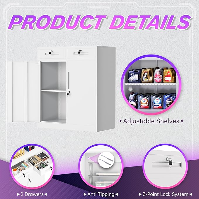 Superday Lockable Storage Cabinet with 2 Drawers, 36" Metal Storage Cabinets with Locking Doors and Adjustable Shelves, White Metal Locking Cabinet for Home Office Garage School