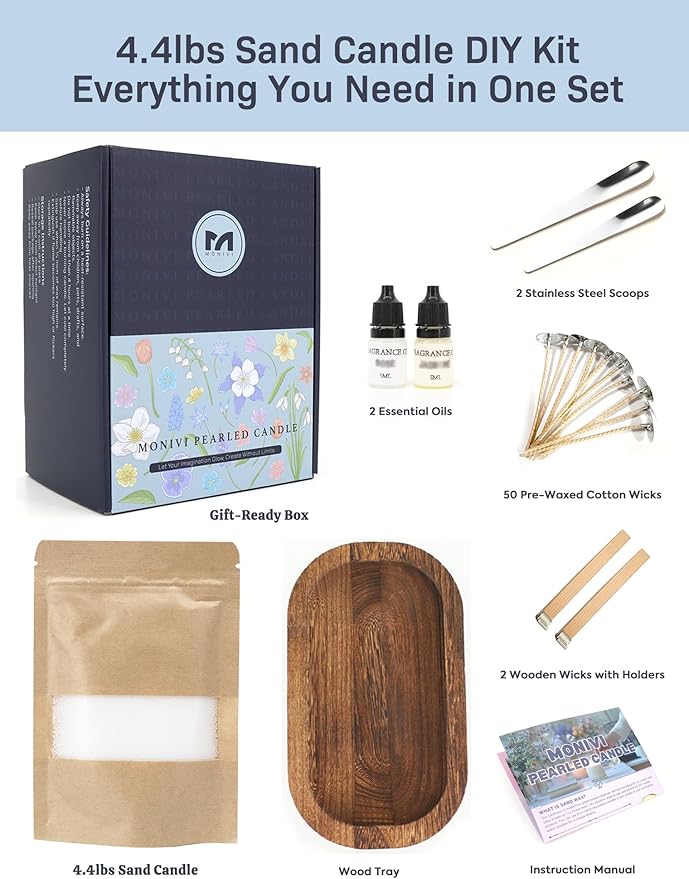 Monivi Candle Sand with Wicks 4.4lb Sand Wax White Pearled Candle Wax Beads with Wood Decorative Bowl, 2 Fragrance Oils Jasmin Cinnamon Total up to 450Burn hours DIY Candle Making Kit Mothers Day Gift