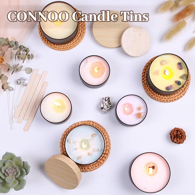 CONNOO 24 Pack Candle Tins, 12pcs 8 OZ & 12pcs 4 OZ Black Jars with Metal Wood-Grain Lids for Making Candles, Bulk Empty Containers for Candle Making, Wick Kit Included