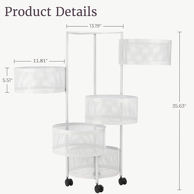 Home-Complete Kitchen Storage Rolling Cart with Wheels - 5 Tier Rotating Fruit and Vegetable Baskets for Kitchen Organization and Storage - Metal Cart for Pantry, Bathroom, or Craft Room (White)