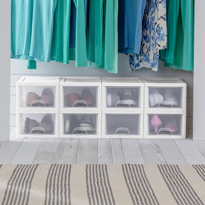 Sterilite 12-Pack 6 Quart Stacking Drawer, Clear Storage Closet Organizer, White Frame - Stackable Modular Plastic Drawers for Clothes, Accessories, Craft Supplies, Shoes or Linens