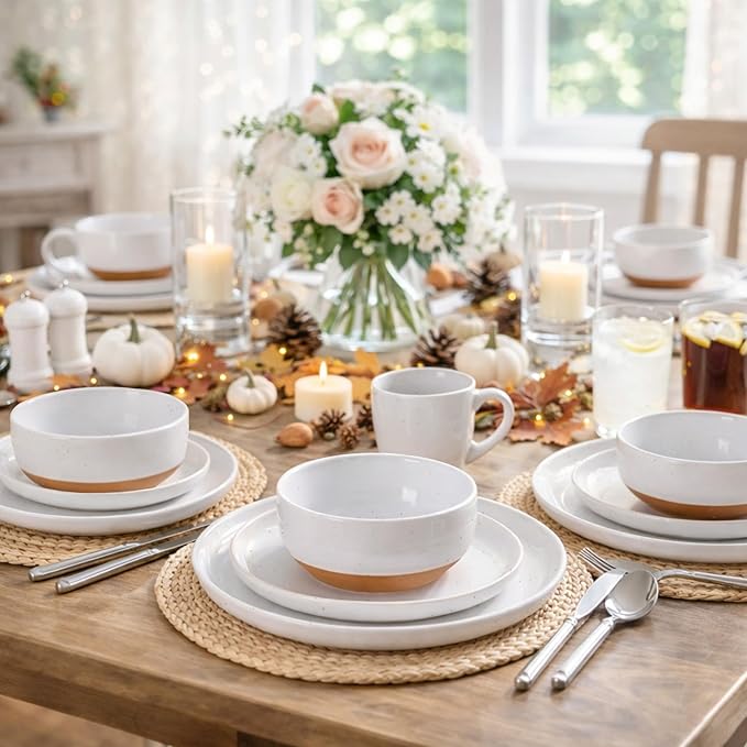 AmorArc Ceramic Dinnerware Sets for 6, 18 Pieces Handpainted Plates and Bowls Set with Rustic Terracotta Underside, Scratch Resistant Stoneware Dishes Set, Dishwasher & Microwave Safe, White