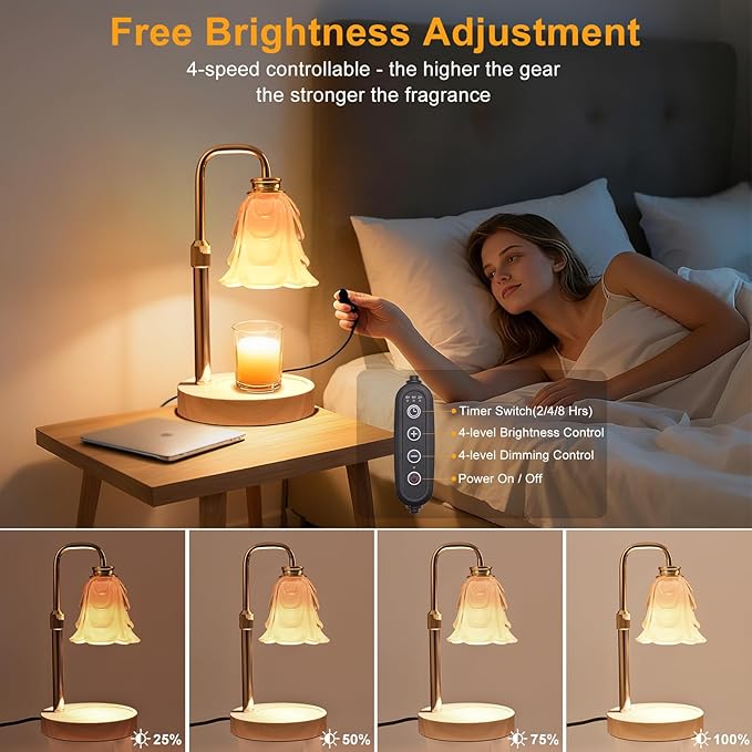Flower Candle Warmer Lamp with Timer and Dimmer 4-Level Dimmable Adjustable Height Light Heat Lamp for Jar Candles Modern Cute Home Decor for Living Room Bedroom Gold-Flower