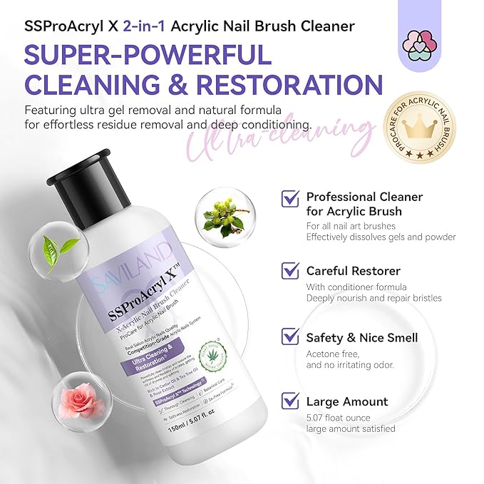 SAVILAND Acrylic Nail Brush Cleaner: 5 OZ Large Capacity Acrylic Brush Cleaner Castor Oil Nail Brush Cleaner Conditioner Restorer with Nail Cleaning Pads & Dappen Dish for Acrylic Nails Home Salon DIY