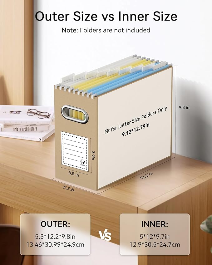 Oterri File Organizer Box, Portable Collapsible Cardboard File Folder Organizer with Handle for Letter Size Hanging Files, Document Storage Box for Home Office & Classroom (8 Packs, Brown)