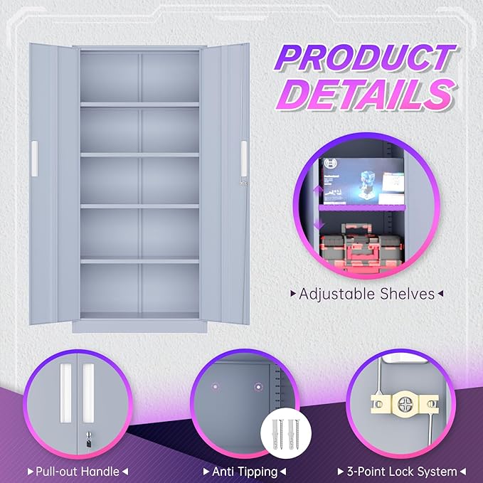 Superday Metal Storage Cabinets, 71" Storage Cabinet with Locking Door, Tall Garage Cabinet with 2 Doors and 4 Adjustable Shelves for Home Office, Classroom, Easy Assemble(Grey)