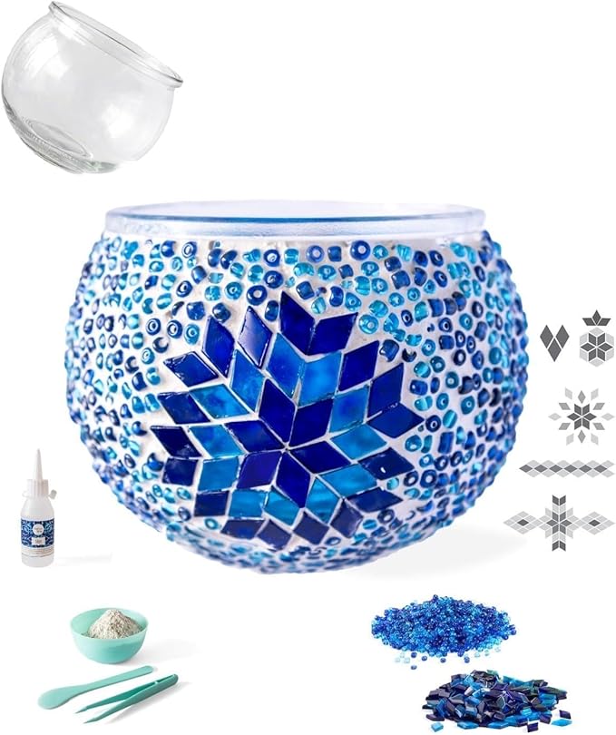 KRAFTSTORIES Turkish Mosaic DIY Candle Holder Kit Glass Decorative Tealight Holder for Living Dining Room Bedroom | Make Your Own Mosaic Candle Holder | Craft Kits for Adults (Blue)