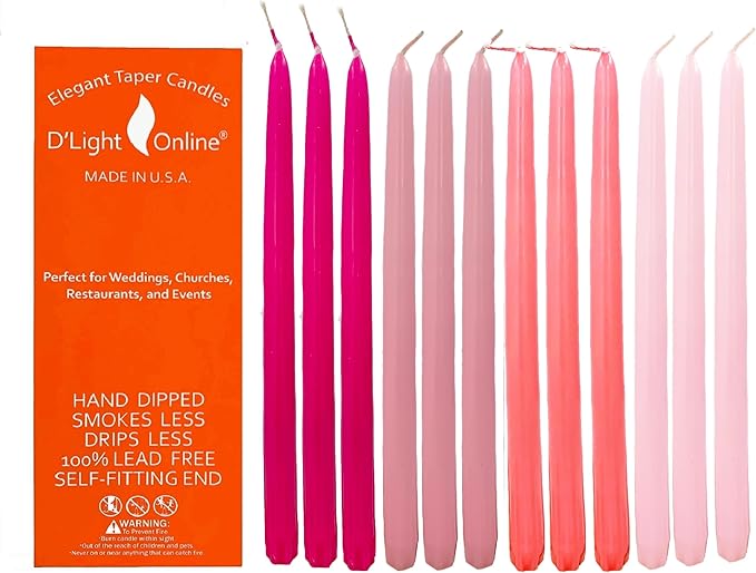 D'light Online Elegant 10" Pink Gradient Taper Candles Premium Quality- Unscented, Hand-Dipped Tapered Candles, Dripless and Smokeless - Set of 12 (10 Inch, Pink Gradient)