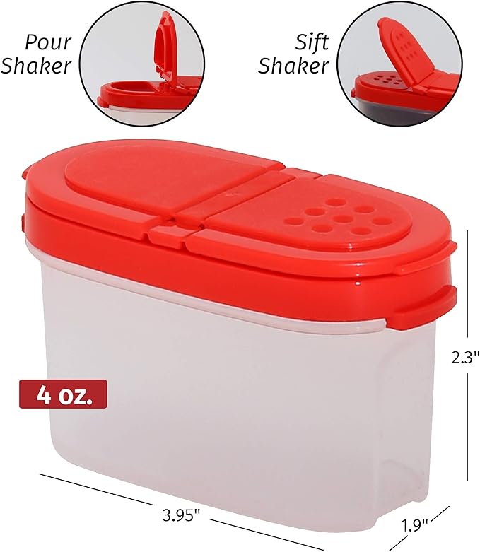 SIGNORA WARE Spice Jars with Lids - 4 oz Refillable Empty Airtight Spice/Seasoning Containers Set -2 in 1 Pour/Sift Shaker Lids Clear Plastic Spice/Seasoning Organizer Kitchen/Travel 4 pk.Red