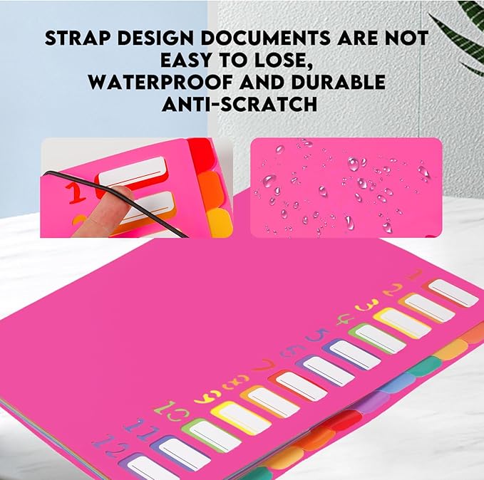 24 Pockets Expanding File Folder Organizer,Accordion File Organizer,A4 Letter Size,Rainbow Tab, for Home/Office/School Document Organizer (Rose Pink)